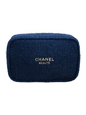 Chanel Beaute Navy Tweed Makeup Bag Camellia Zipper Gold GWP Like New Pouch